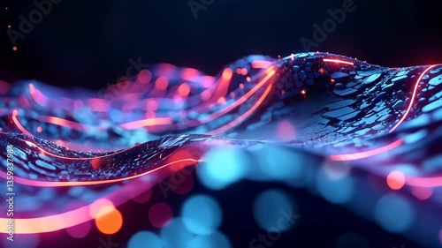 Neon Light Trails Dance Across a Wavy Abstract Landscape of Shimmering Particles