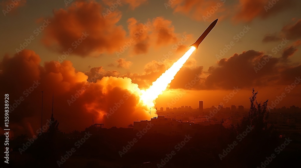 Obraz premium Military strike rocket blast trail sky silhouette threat dusk defense fire Photo