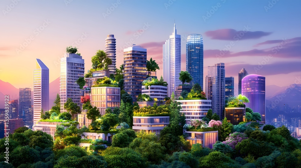 Obraz premium Futuristic city skyline with lush vertical gardens urban landscape digital art vibrant environment aerial viewpoint sustainable concept