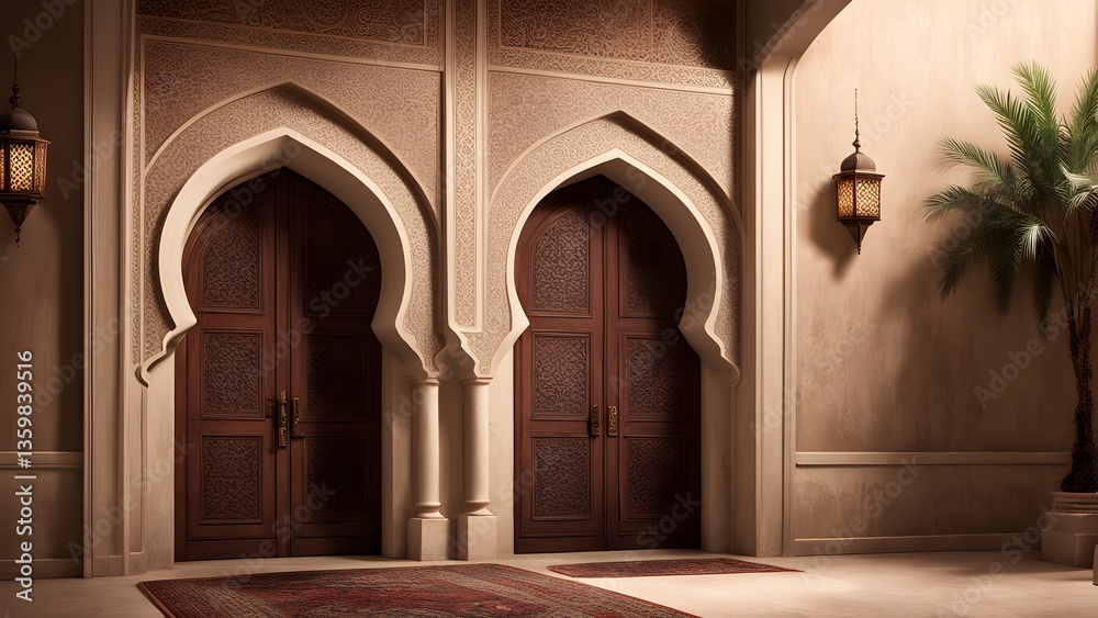 Fototapeta premium Ornate wooden doors, arched entryways, traditional Moroccan design elements create a tranquil inviting atmosphere.