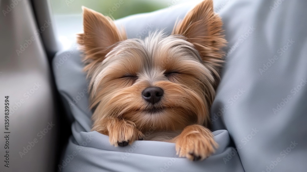 A small Yorkshire Terrier rests peacefully on its cozy bed, enjoying a moment of tranquility in a softly lit environment. A small Yorkshire Terrier rests peacefully on its cozy bed, enjoying a moment of tranquility in a softly lit environment.