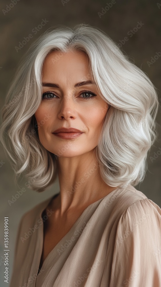 Fototapeta premium Elegant woman with flowing silver hair poses gracefully in soft lighting, showcasing natural beauty and confidence in a neutral-toned setting