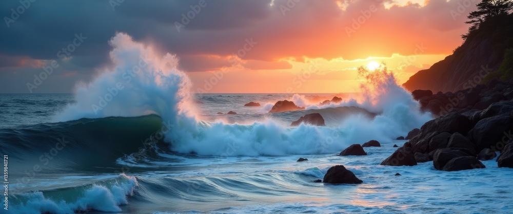 Fototapeta premium Amazing image of waves hitting the rocks at sunset.