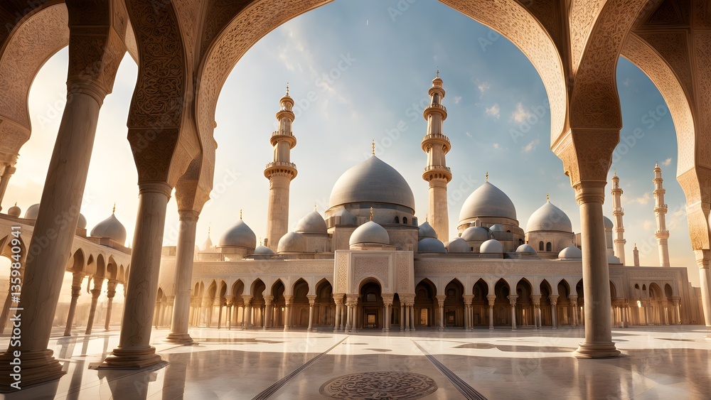 Fototapeta premium A stunning sunrise illuminates majestic architecture a grand mosque, viewed from its serene courtyard through intricately carved arches.