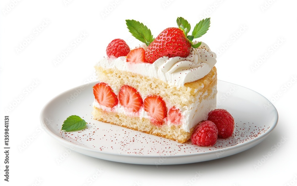 A slice of strawberry shortcake on a white plate. The cake is layered with whipped cream and fresh strawberries, and garnished with raspberries and mint A slice of strawberry shortcake on a white plate. The cake is layered with whipped cream and fresh strawberries, and garnished with raspberries and mint