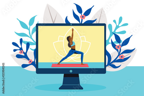 Woman practicing online yoga class on computer screen with floral background. Flat vector illustration