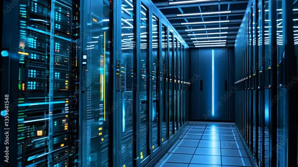 A futuristic data center with glowing server racks, representing cloud computing, cybersecurity, and digital infrastructure.