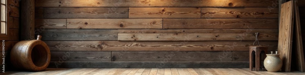 Obraz premium Distressed wooden wall featuring reclaimed planks in a cozy, cabin-like setting, interior, wood, textured