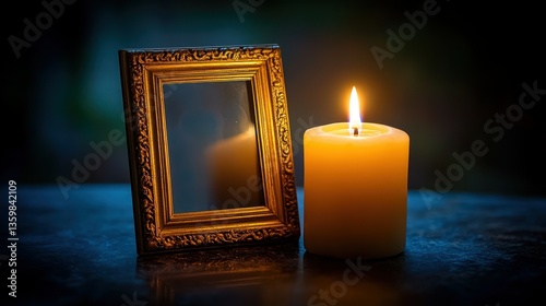 Empty picture frame, candle remembrance