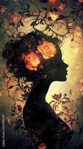 Portrait of a woman with floral elements radiating serenity in a tranquil setting