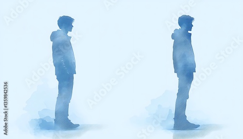 Two Silhouetted Figures Stand Sideways In Soft Blue Hues