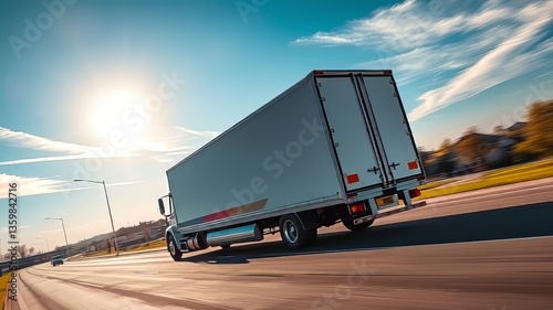 White Van Semi Truck Rear View Suburban Highway Summer Day Cargo Transportation