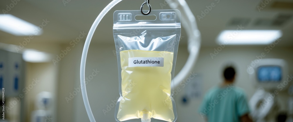 An IV bag containing Glutathione used in a drip treatment at a clinic.