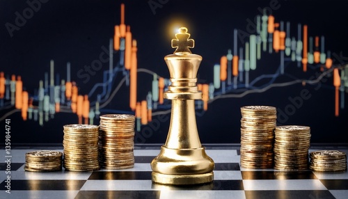 Golden Chess King and Finance: A golden chess king stands tall amidst stacks of coins on a chessboard, set against a backdrop of dynamic financial charts. It symbolizes strategic investment.