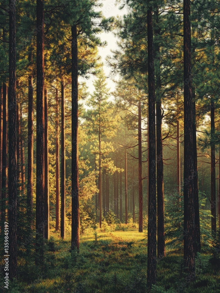 Fototapeta premium Lush green pine trees stand tall against a soft diffused golden light evoking a tranquil forest scene.