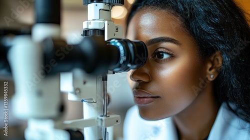 Eye exam in progress.  A healthcare professional examines a patient's eye with a sophisticated ophthalmic device