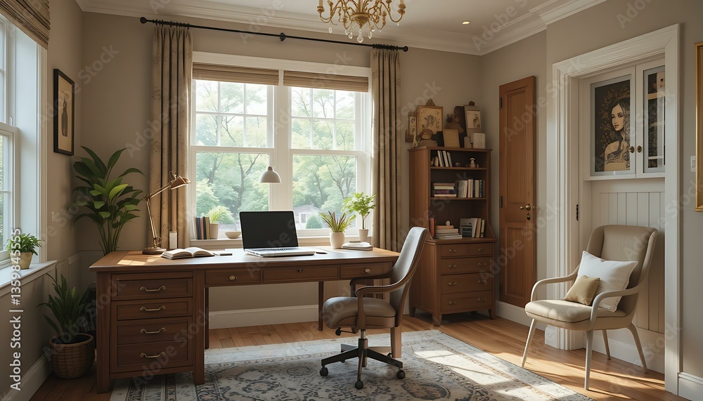 Sunlit Home Office Design: Elegant Workspace with Wooden Desk & Chair Sunlit Home Office Design: Elegant Workspace with Wooden Desk & Chair