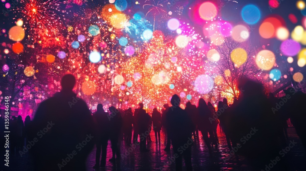 Fototapeta premium Glow of spring festival captured in vibrant double exposure of lights and fireworks