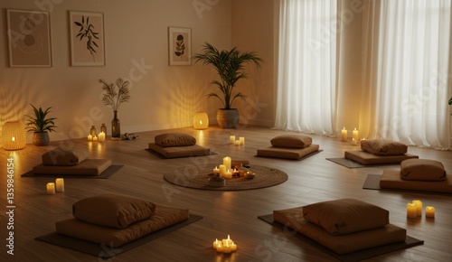 Yoga room with cushions, candles, plants for meditation & relaxation.
