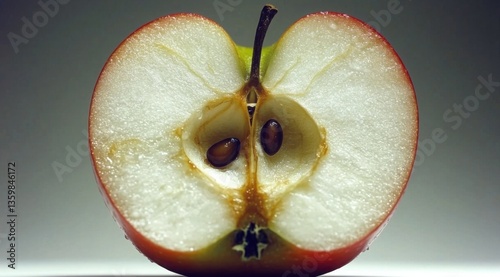 Detailed close-up of a sliced red apple revealing seeds and core, showcasing freshness and natural texture against a neutral background.