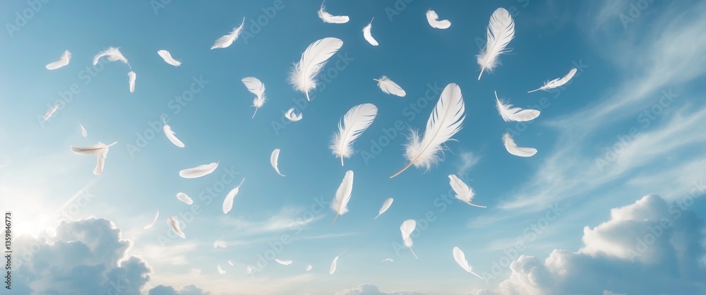 Abstract Group of White Bird Feathers Soaring in the Sky Amongst Clouds. Lightness of Feathers Drifting in Dreamlike Heaven.