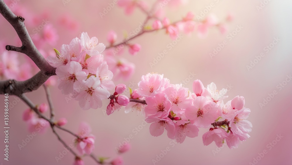 Obraz premium A pink backdrop featuring a close-up area for text alongside blossoming spring flowers on a tree branch. The soft pink blossoms create a delicate background. Springtime theme Cherry blossoms.