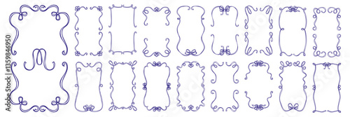doodle hand drawn trendy frame set. rectangular, oval shape vintage borders with wavy lines, bow and ribbon