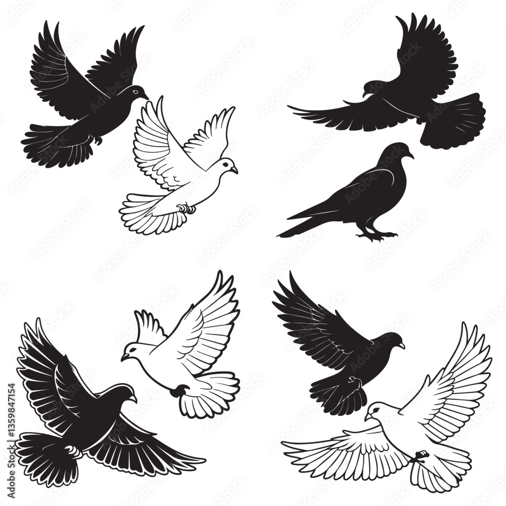 Obraz premium Pigeon silhouette, flying dove silhouette vector on white background