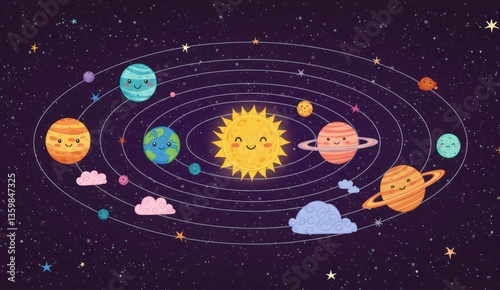 A cute cartoon illustration of the solar system with smiling planets.