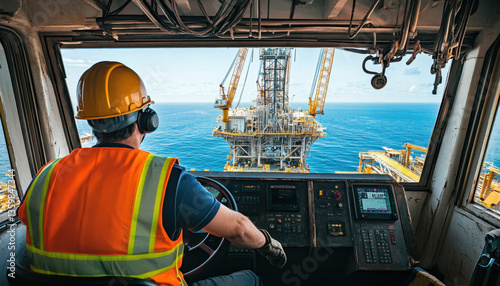 Operator in safety gear controls crane in oil and gas facility, focused on maneuvering equipment above ocean. Bright daylight illuminates the workspace