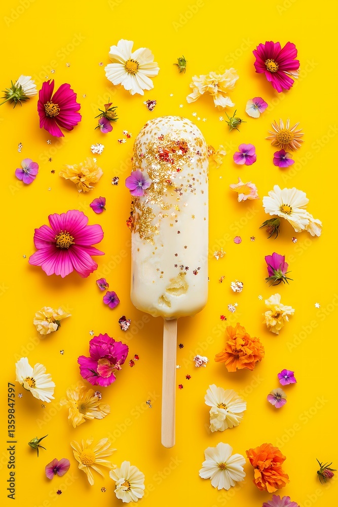 Vanilla ice cream on a stick with gold glitter souranded with various flowers, flat lay, on a bright yellow background. Summer, aesthetic concept.