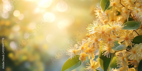 A soft, gentle abstract background featuring yellow flowers with a blurred bokeh effect and warm light