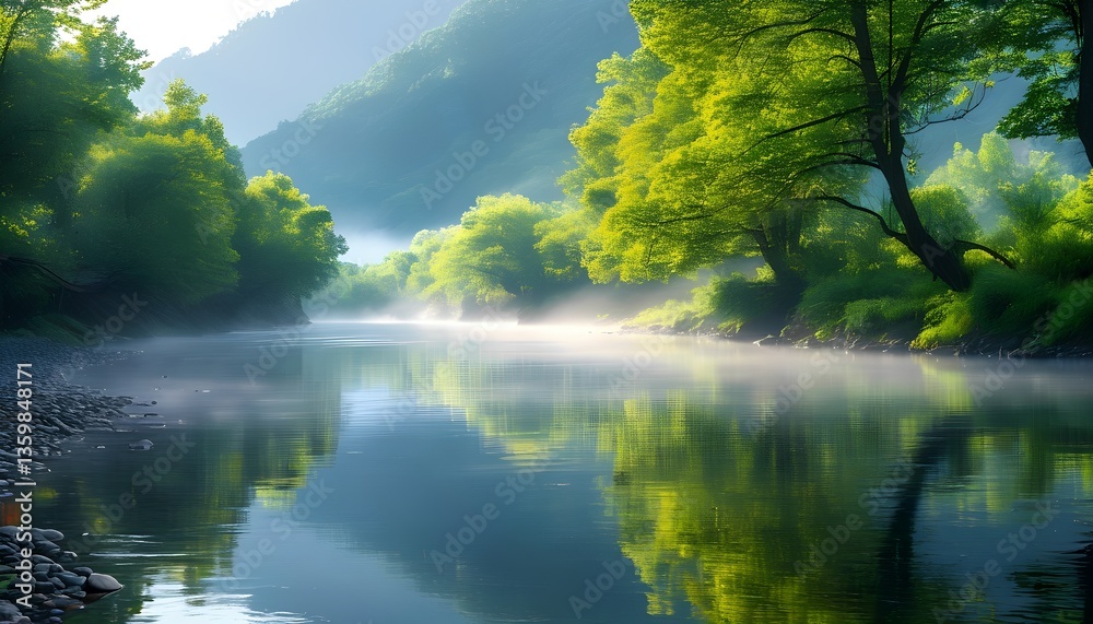 Fototapeta premium Tranquil River in Misty Mountain Valley with Lush Greenery and Sunlight