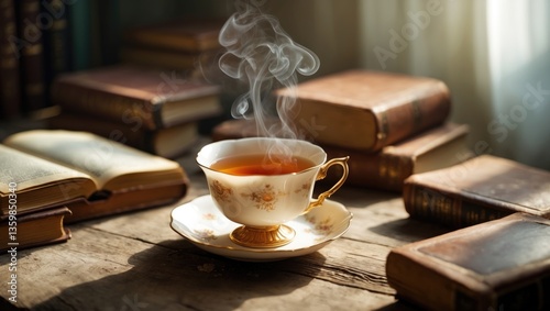 A cozy setting featuring a cup of tea alongside books.