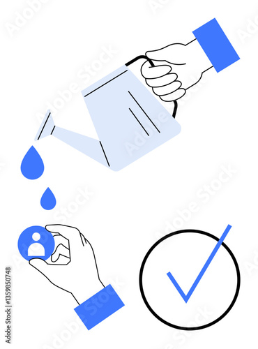 Hand pours water from watering can nurturing profile icon while another hand holds it, symbolizing growth, nurturing talent, recruitment, validation, personal development. Ideal for HR, startup