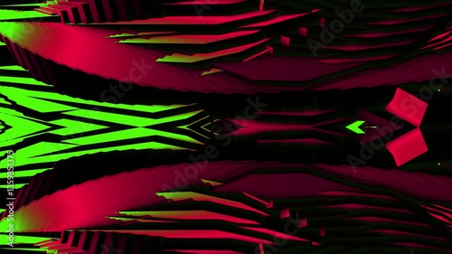 Pink Green Neon Triangular Tech Robot Electronic Alien Machine Futuristic Technology Geometry Animated Scene for Event. Motion Graphics DJ Event Digital Technology Animation VJ Visuals