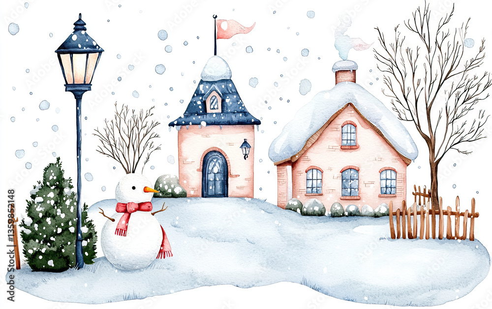 Fototapeta premium cozy winter town scene featuring charming houses, snowman, and gentle snowfall creates warm, inviting atmosphere