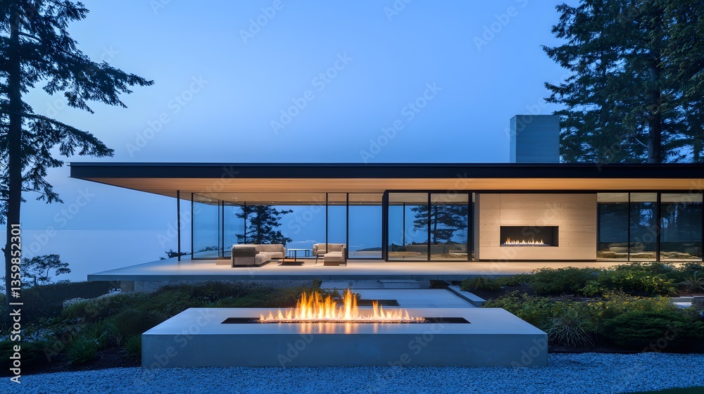 Fototapeta premium Modern minimalist home with a glass facade, open-concept living space, and a minimalist fireplace as the focal point,