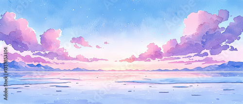 serene twilight landscape featuring soft pink and blue clouds reflecting tranquil water surface, evoking sense of peace