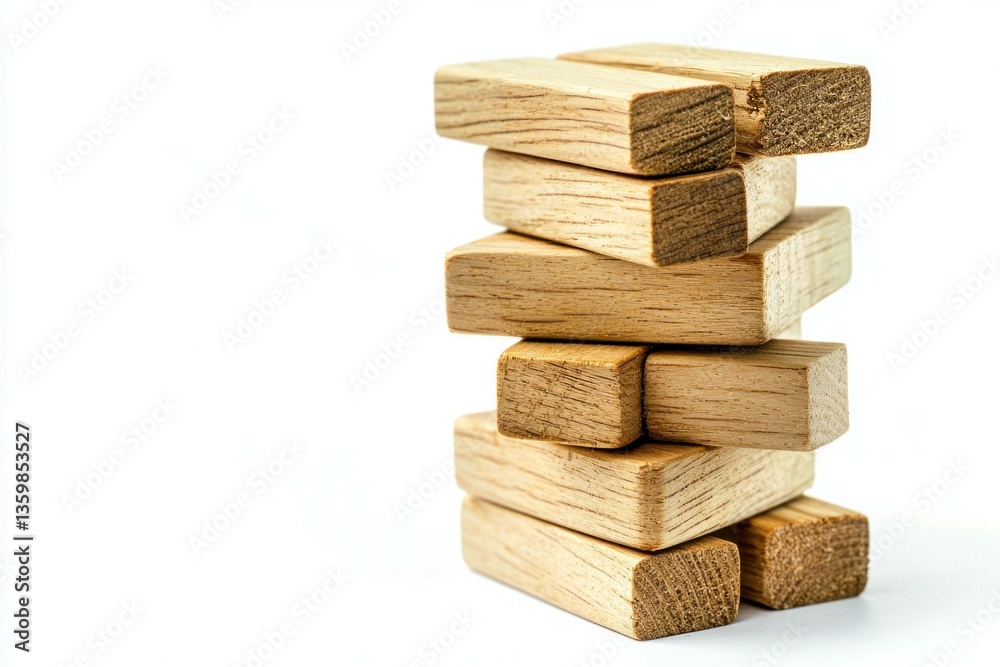 Fototapeta premium Stacked wooden blocks in an abstract arrangement on a white background, conveying simplicity and creativity in design KEY concepts include building, education, play, and creativity