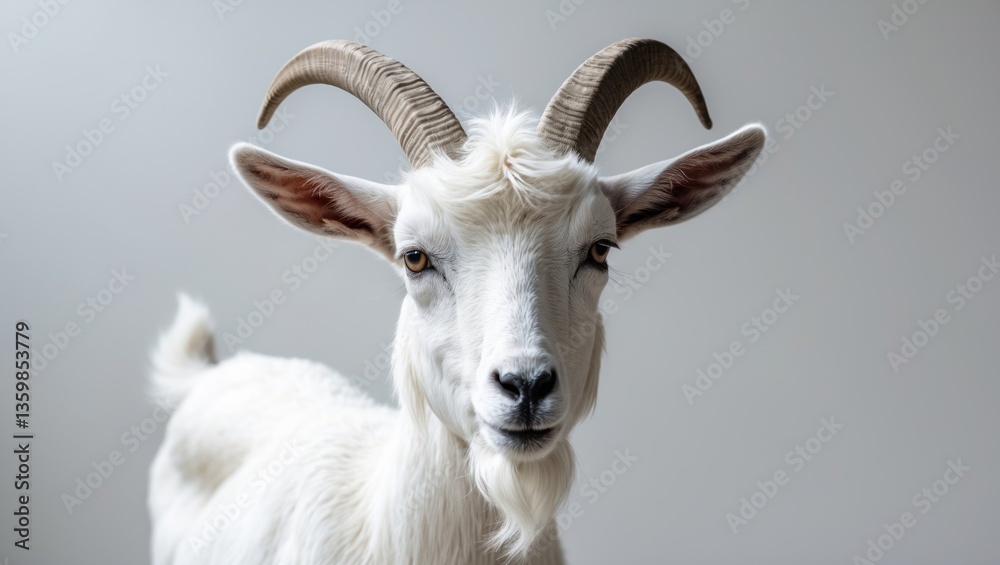 A white goat posed alone in a portrait position against a white background. A white goat posed alone in a portrait position against a white background.
