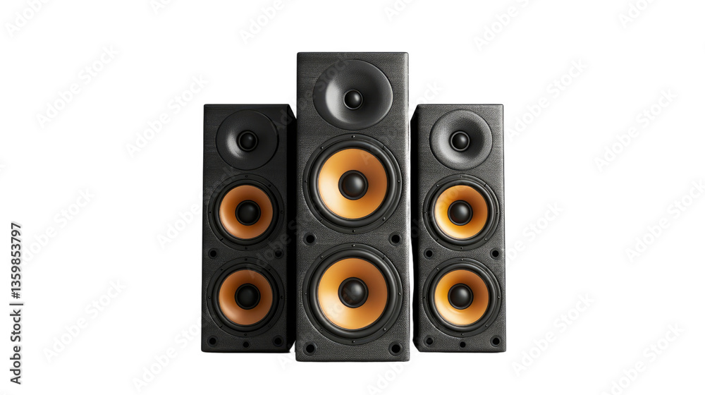 A Symphony of Sound: A trio of stylish loudspeakers, rendered in elegant black and complemented by golden cones, stands in harmony, poised to deliver a symphony of immersive audio.