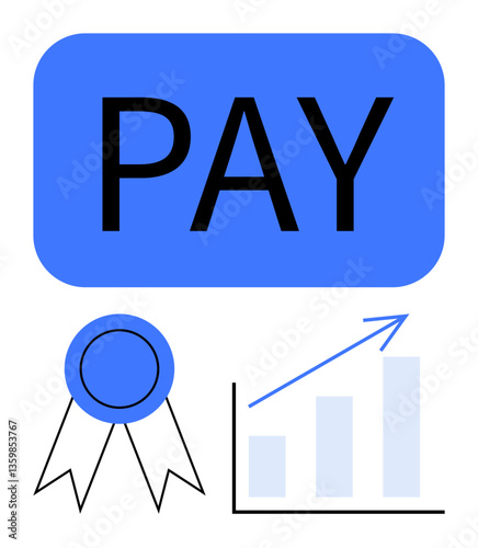 Bold PAY button, badge symbolizing achievement, upward-trending bar graph. Ideal for payment systems, financial success, revenue growth, customer rewards, achievements progress simplicity. Flat