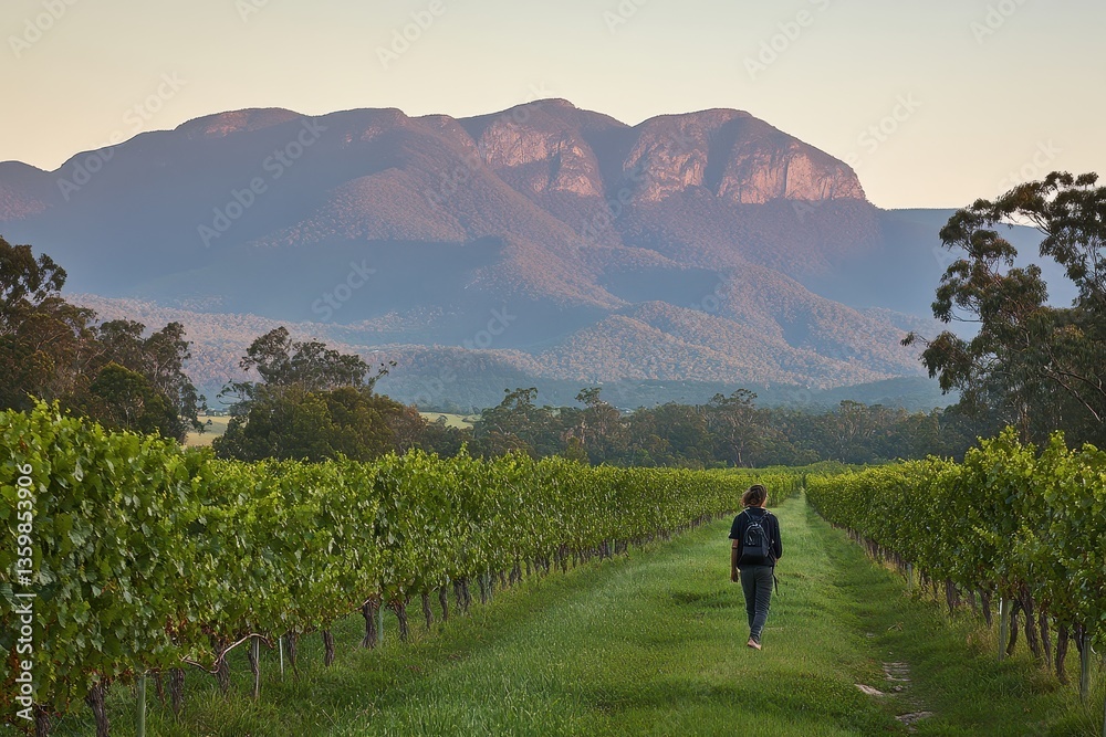 Obraz premium Scenic Vineyard Pathway with Mountains in Background at Sunset