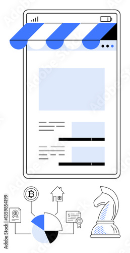 Mobile interface with storefront awning, pie chart, cryptocurrency, home, certificate, chess knight linked by flowchart. Ideal for e-commerce, strategy, investment finance planning innovation
