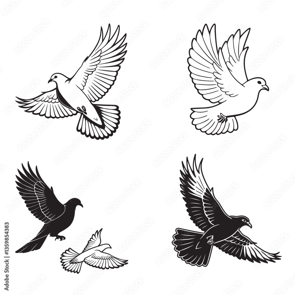 Obraz premium Pigeon silhouette, flying dove silhouette vector on white background