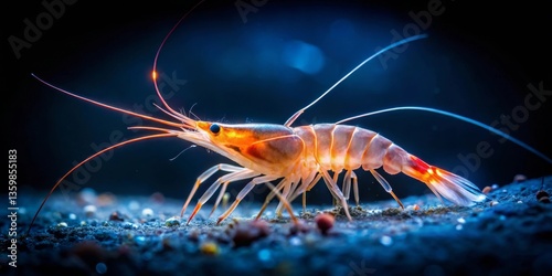 Wallpaper Mural A Detailed Close-Up of a Small, Translucent Crustacean with Vibrant Orange Accents Crawling on a Dark Ocean Floor Torontodigital.ca