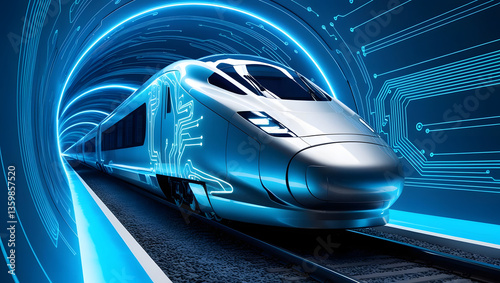 A futuristic high-speed train traveling through a tunnel, with glowing digital elements integrated into the design, showcasing modern technology and transport. 
