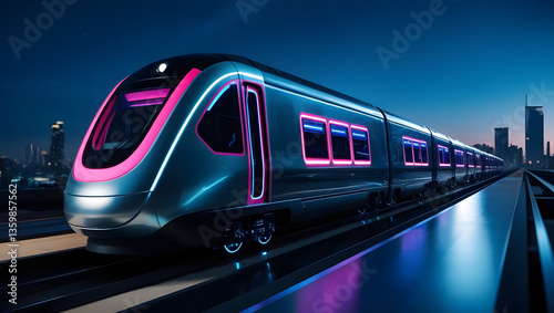a futuristic train speeding across the tracks at night, with sleek design and vibrant neon lights. The city skyline in the background.
