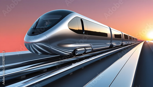 A futuristic high-speed train speeding across tracks toward a sunset, representing travel and technological advancement.
